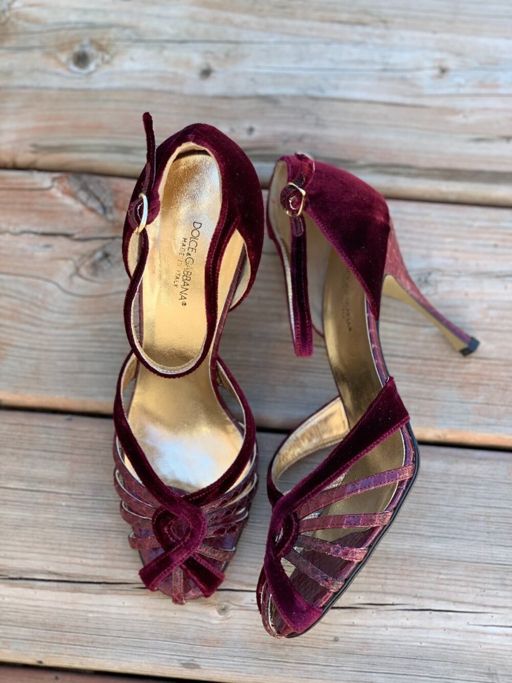 Vintage Dolce & Gabbana Pumps 38 Burgundy Velvet Snakeskin Leather High Heel Y2K